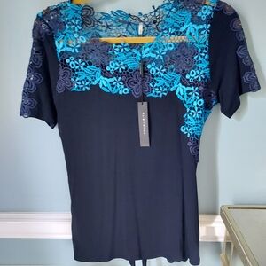 Elie Tahari Navy and Turquoise Lace Blouse